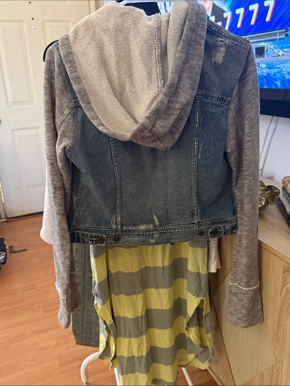 Free People Blue Denim Jacket with Gray Knit Hood & Sleeves - Picture 3 of 4
